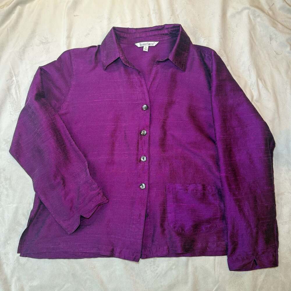 TravelSmith Women's Purple 100% Silk Button-Down Shirt Size L